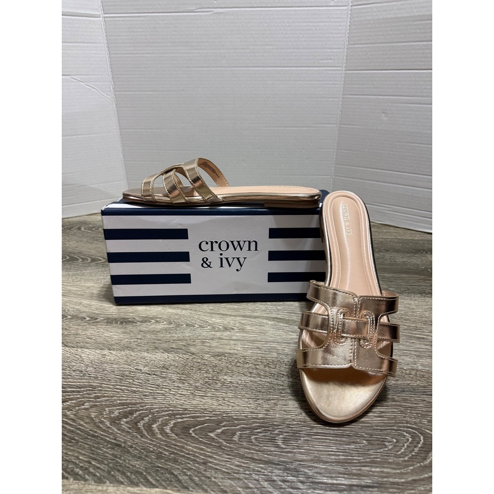 Crown & Ivy Sandals Nicole Gold Metallic Slide Flats Womens 9 M New Coastal Prep